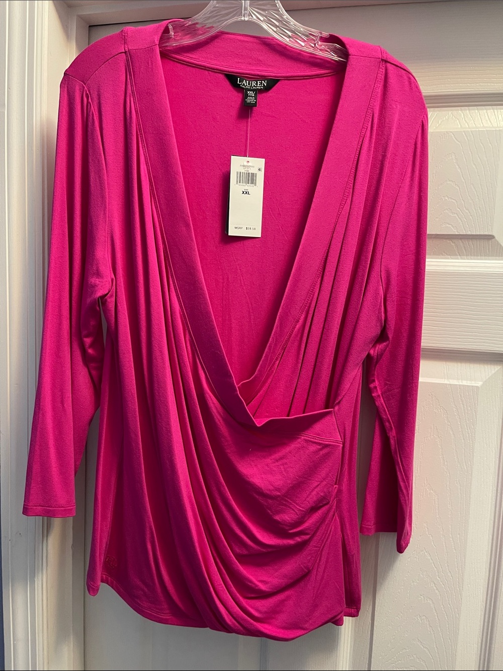 Lauren Ralph Lauren Hot Pink Draped Surplice Long-Sleeve Top